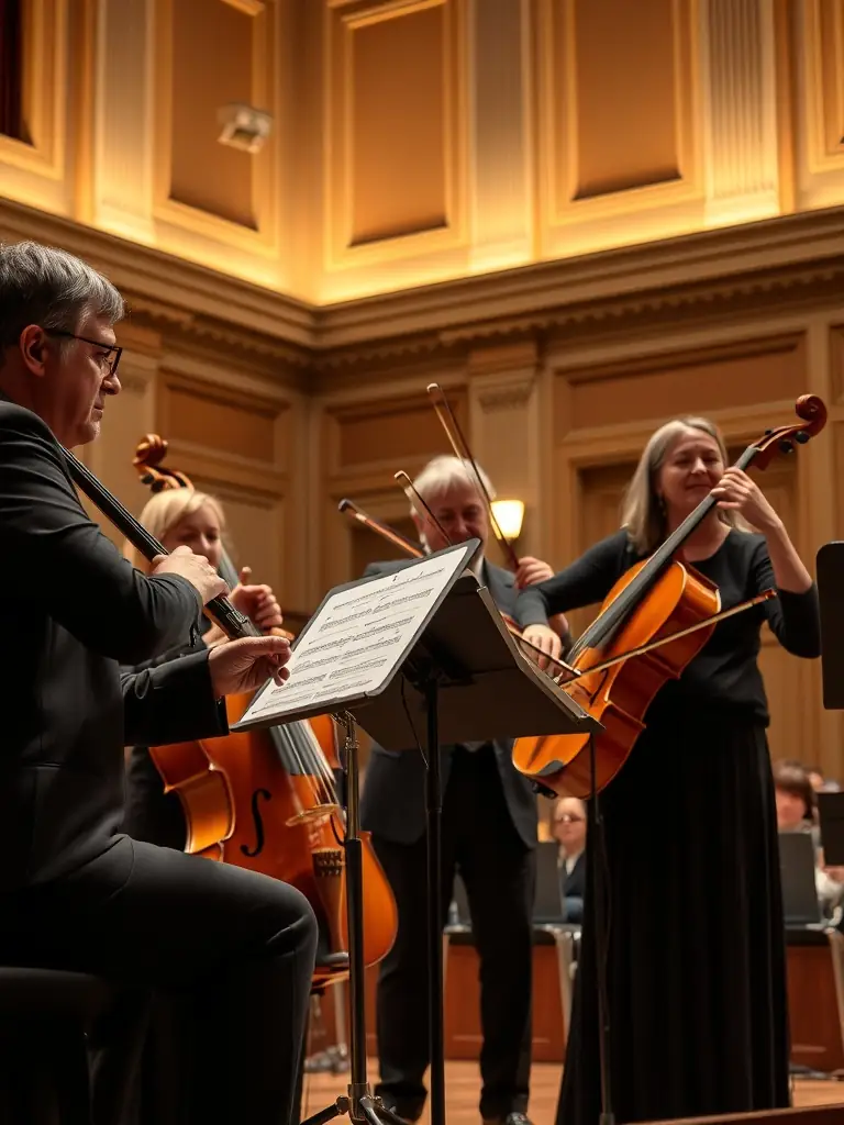 A string quartet performing on stage in a warmly lit concert hall, showcasing their passion and skill.