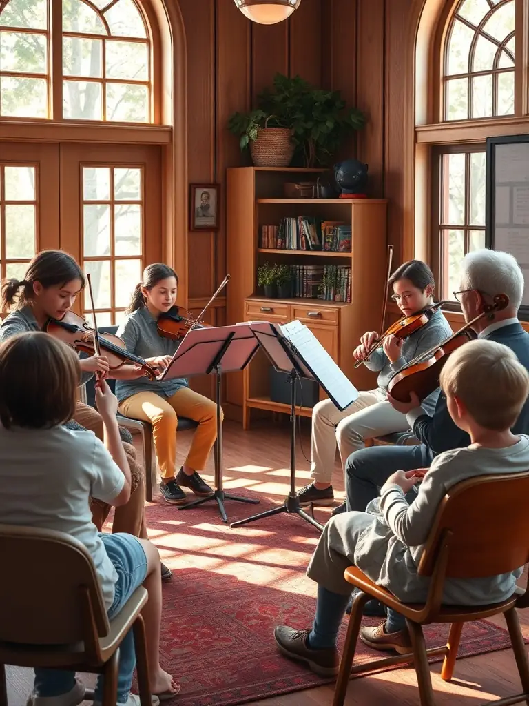 A string quartet performing in a local community center, with children and adults in the audience, showcasing the association's commitment to accessible music.