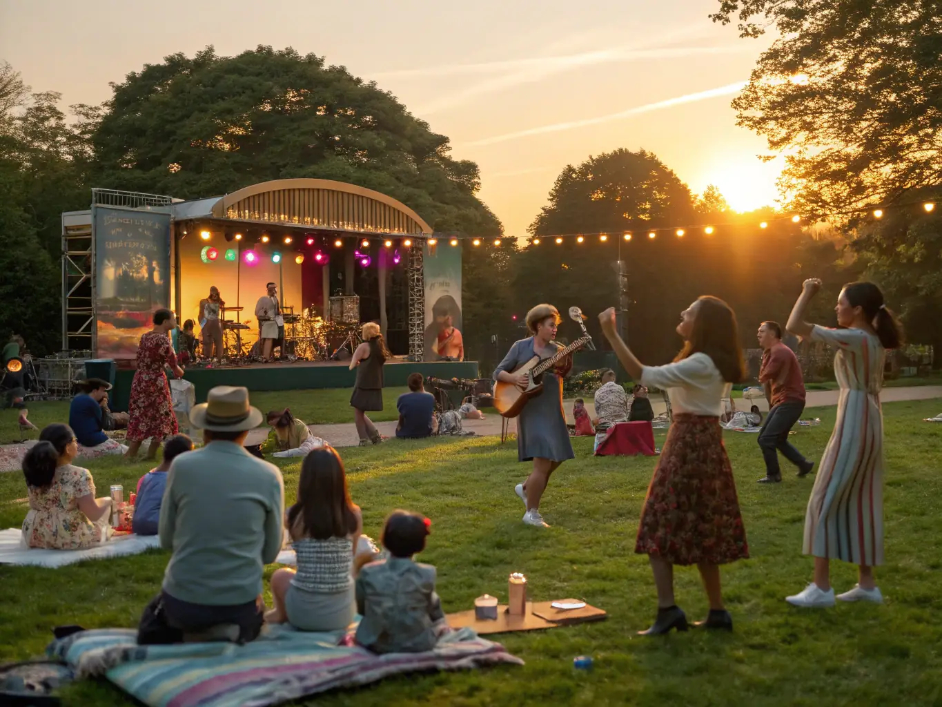 A diverse group of community members enjoying a free outdoor concert, highlighting the accessibility and inclusivity of the association's programs.