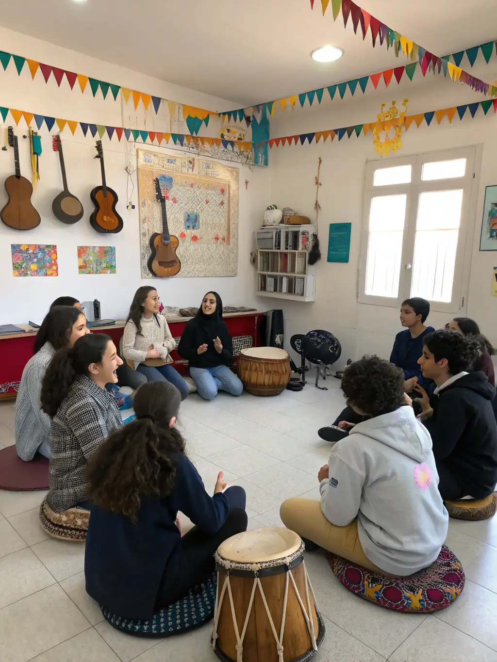 A group of students actively participating in a chamber music workshop, guided by an experienced instructor.