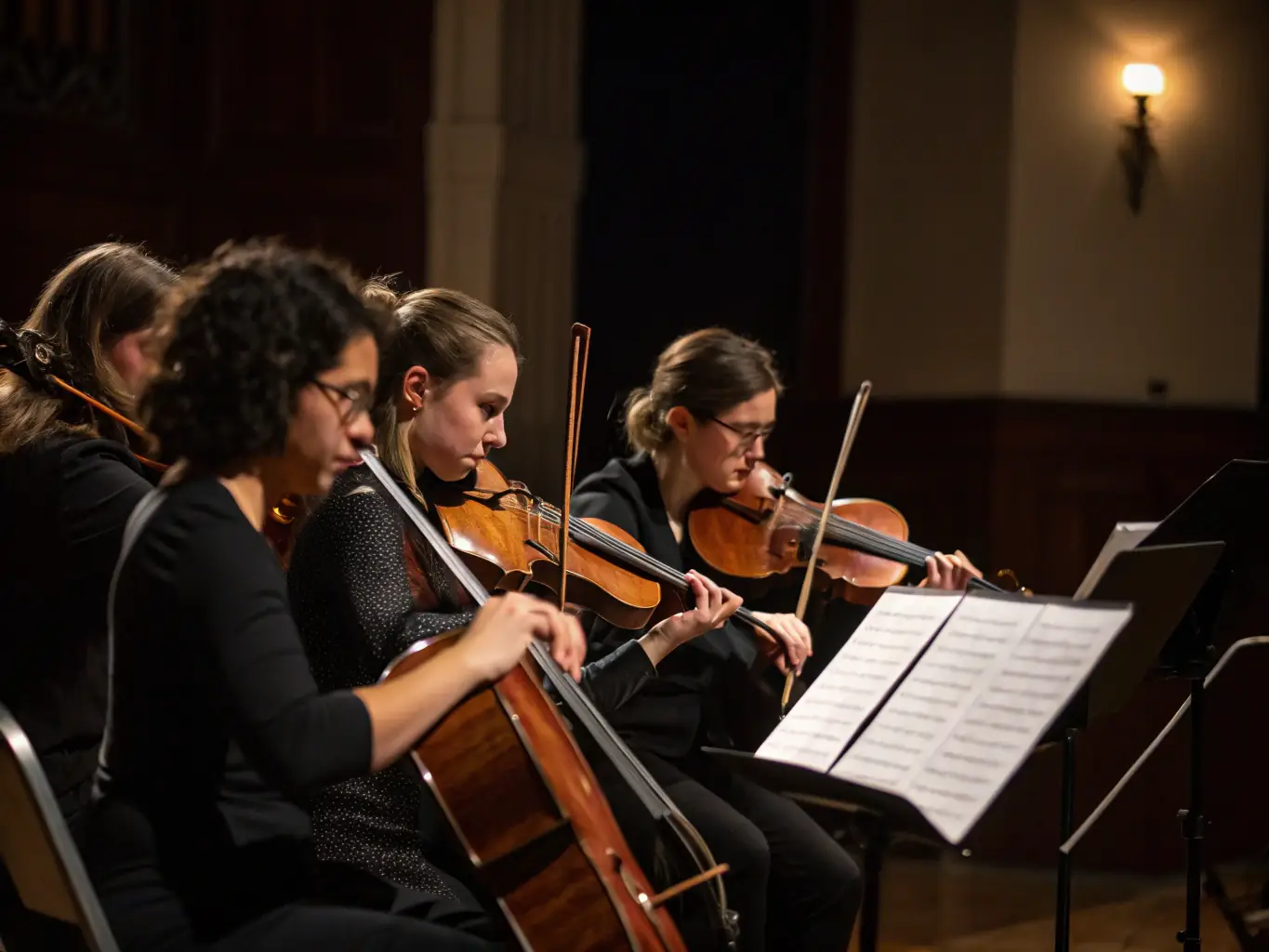 A string quartet performing in an intimate setting, with close-up shots highlighting the musicians' expressions and the intricate details of their instruments.