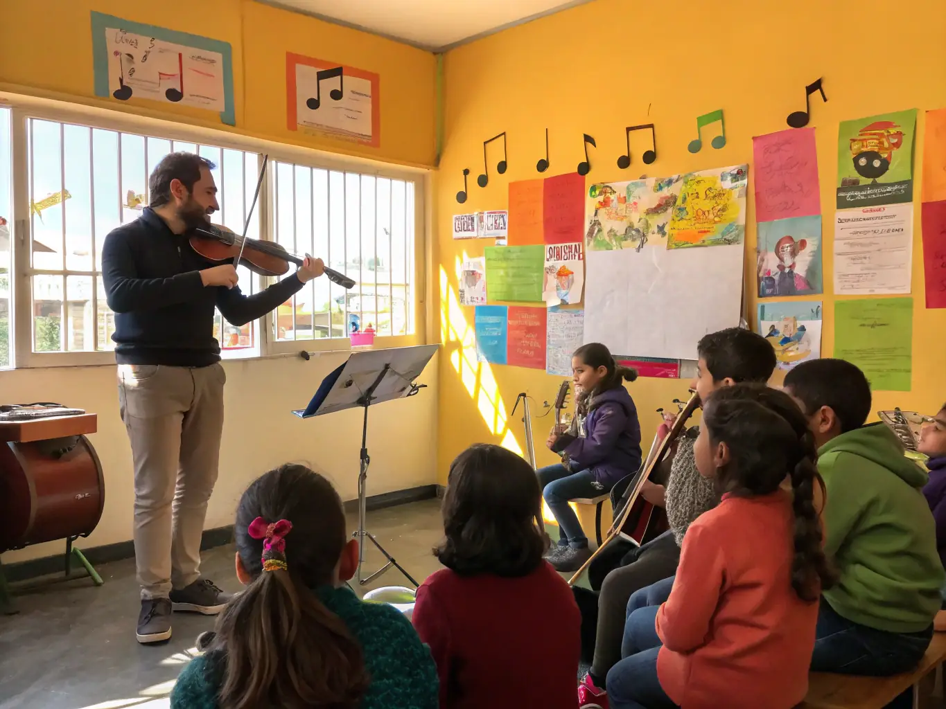 A classroom setting where a professional musician is teaching a group of enthusiastic students how to play chamber music, focusing on collaboration and ensemble skills.