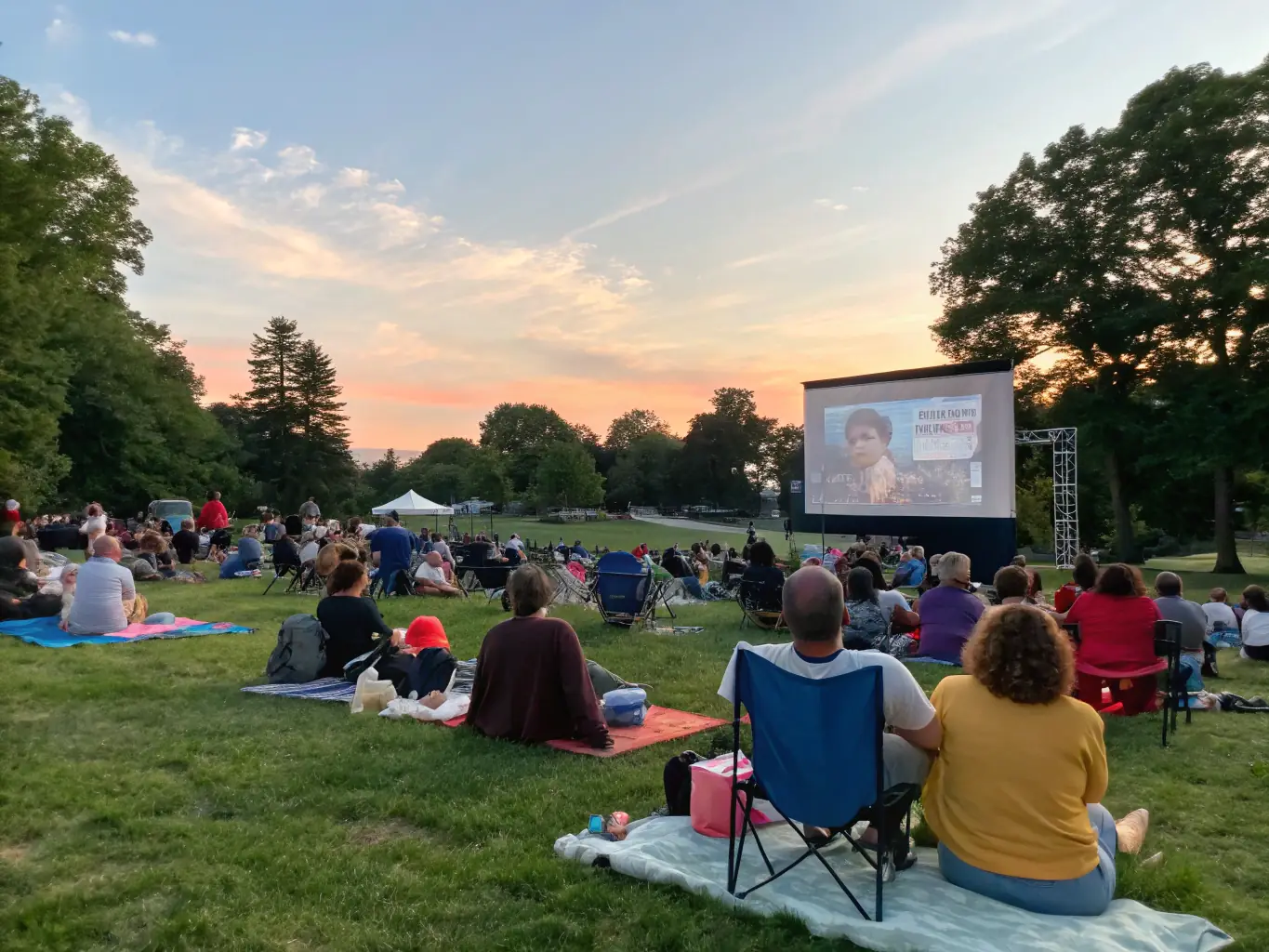 A diverse group of community members, young and old, attending a chamber music concert in a local park, enjoying the performance under a sunny sky.