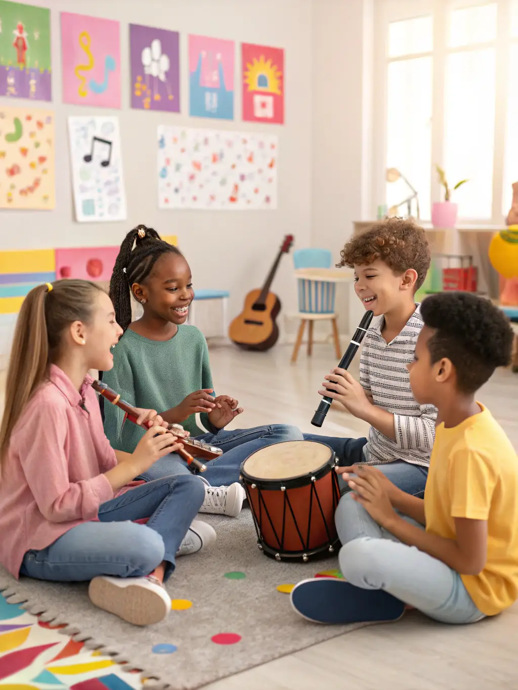 A group of young musicians participating in a chamber music workshop, learning from experienced instructors and honing their skills.