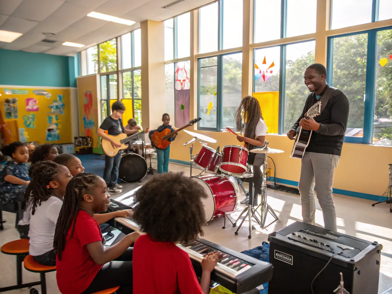 A group of students participating in a chamber music workshop, learning from experienced instructors and honing their musical skills.