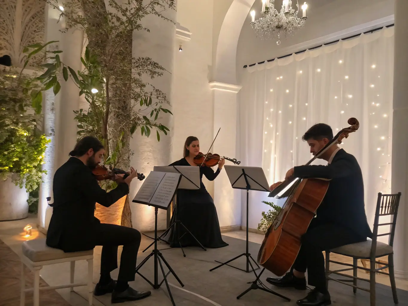 A string quartet performing a classical piece in a concert hall, showcasing the elegance and artistry of chamber music.