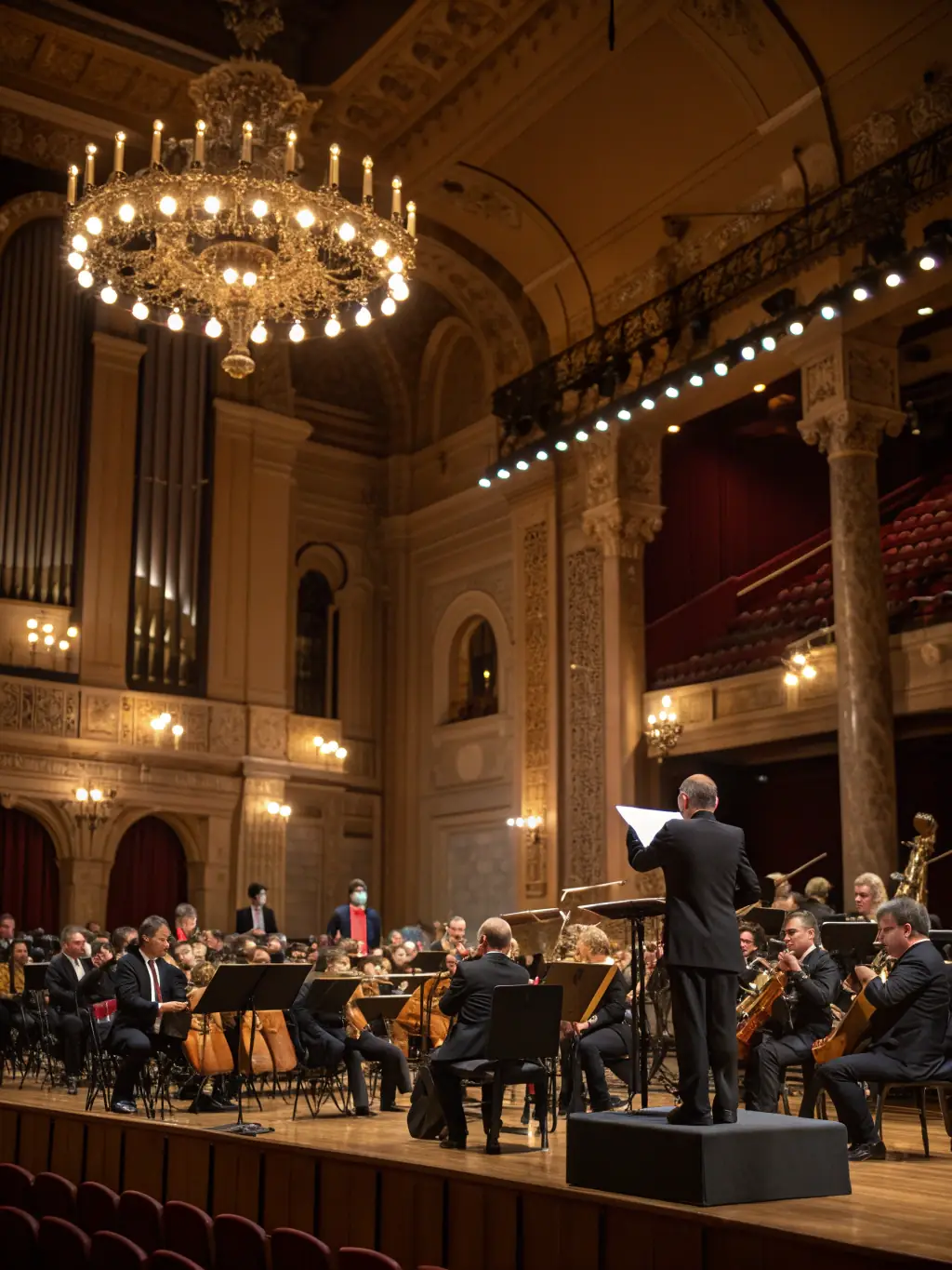 A conductor leading an orchestra during a public performance, emphasizing the organization's commitment to promoting musical excellence and cultural enrichment.